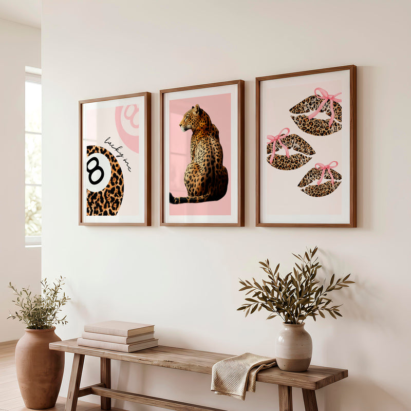 Leopard Lips Retro Art Wall with Pink Bows - Dark Brown Framed Poster with White Border - Artworksets