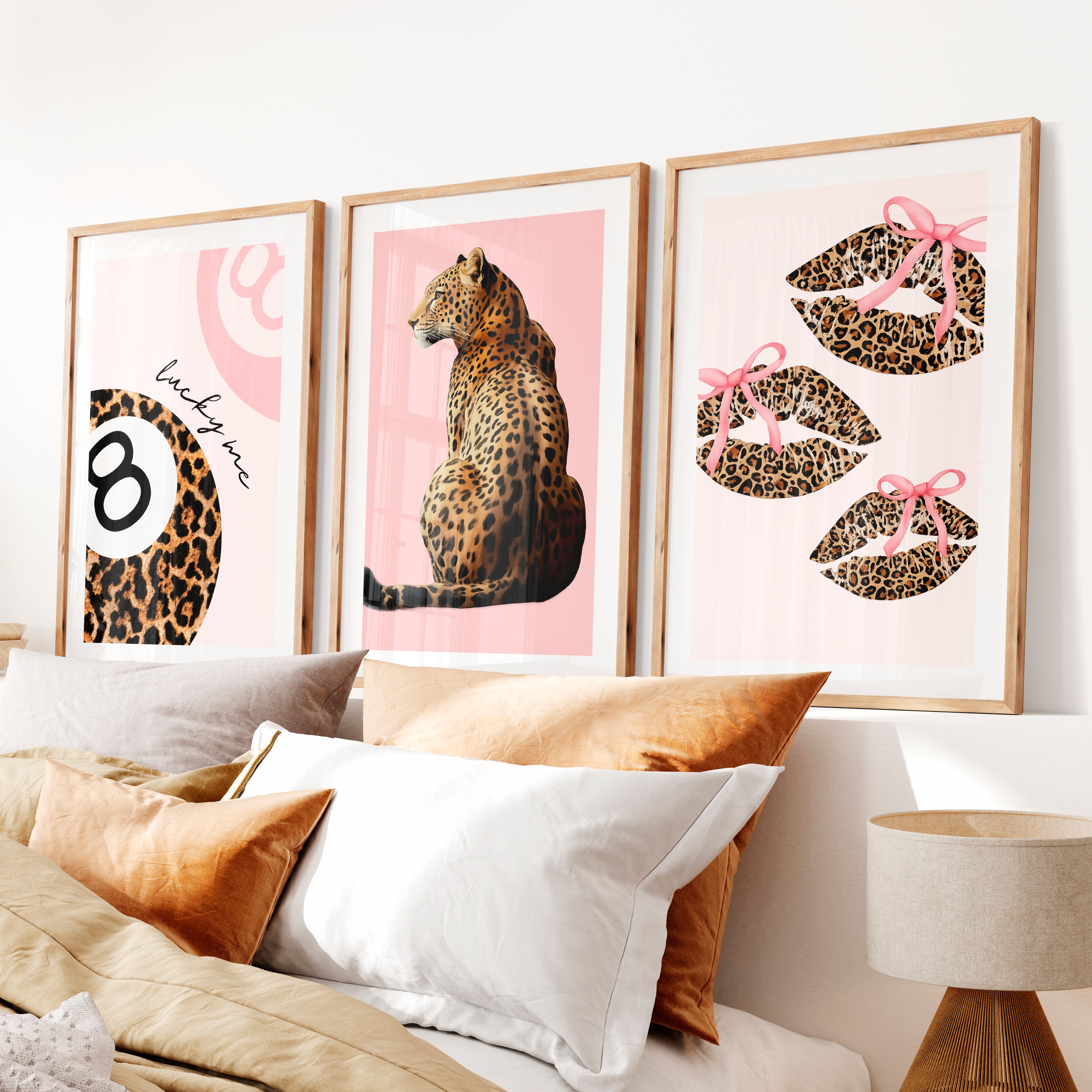 Leopard Lips Retro Art Wall with Pink Bows- Natural Wood Framed Poster with White Border - Artworksets