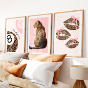 Leopard Lips Retro Art Wall with Pink Bows- Natural Wood Framed Poster with White Border - Artworksets