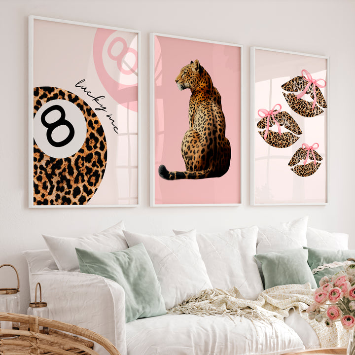 Leopard Lips Retro Art Wall with Pink Bows - White Framed Poster No Border - Artworksets