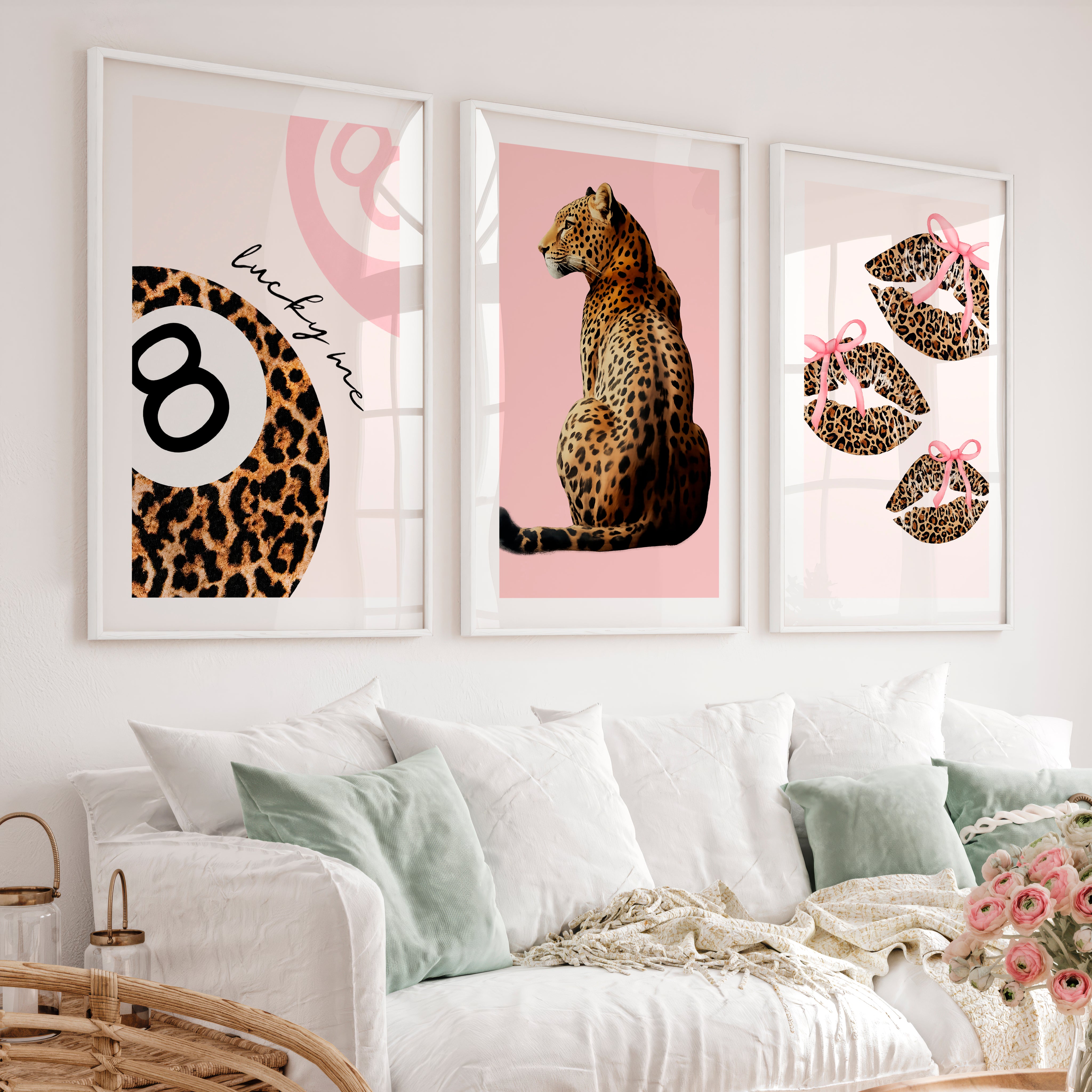 Leopard Lips Retro Art Wall with Pink Bows - White Framed Poster with White Border - Artworksets