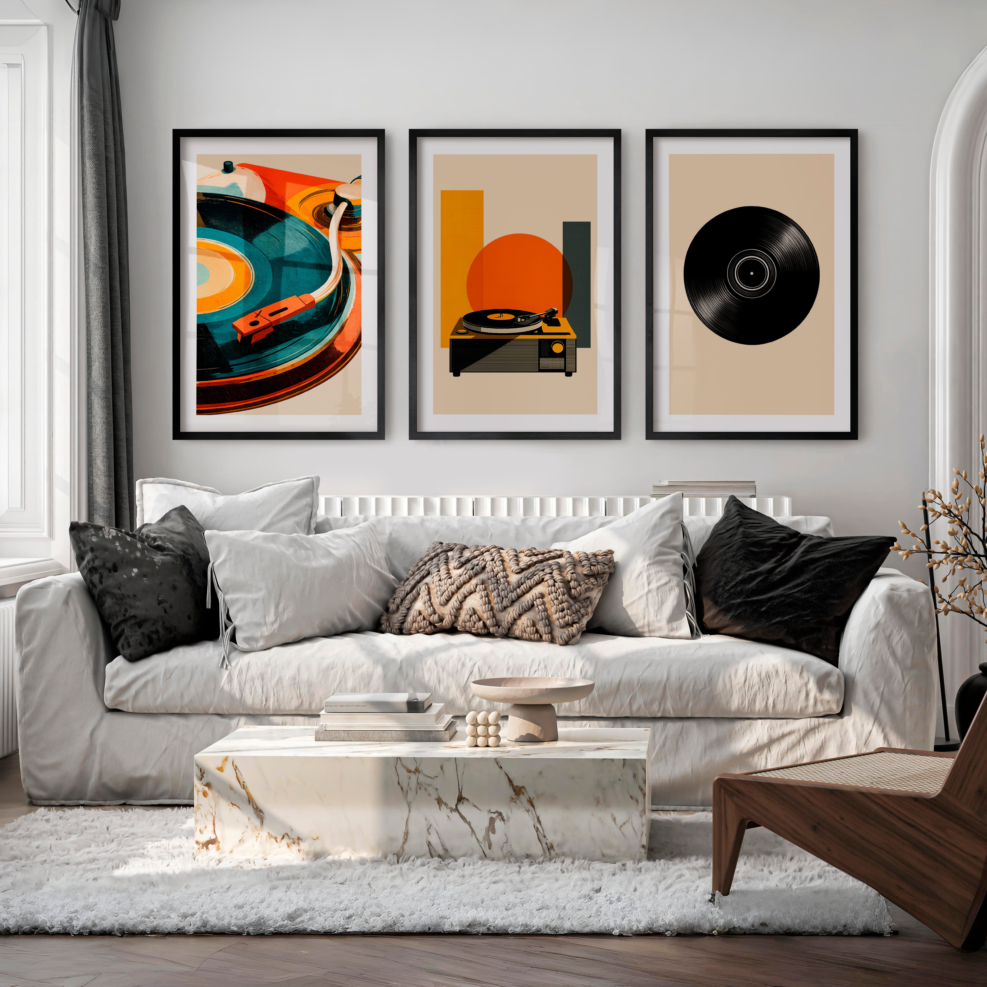 Turntable and Vinyl retro art wall - Black Framed Poster with White Border - Artworksets