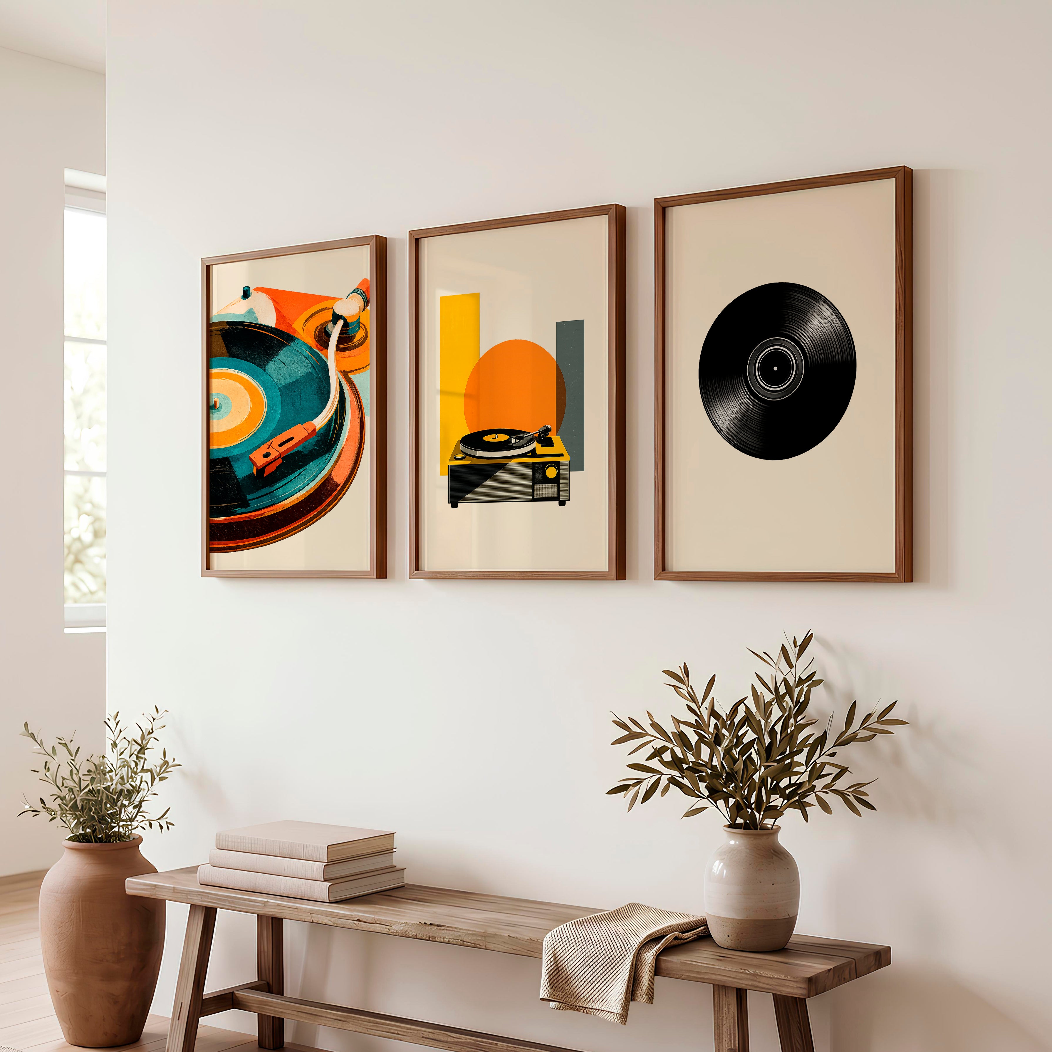 Turntable and Vinyl retro art wall - Dark Brown Framed Poster No Border - Artworksets