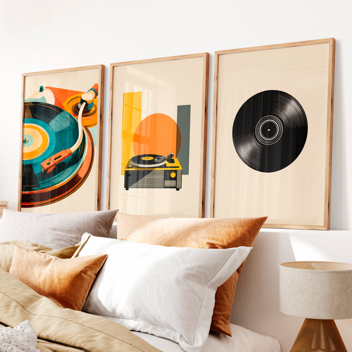 Turntable and Vinyl retro art wall - Natural Wood Framed Poster No Border - Artworksets