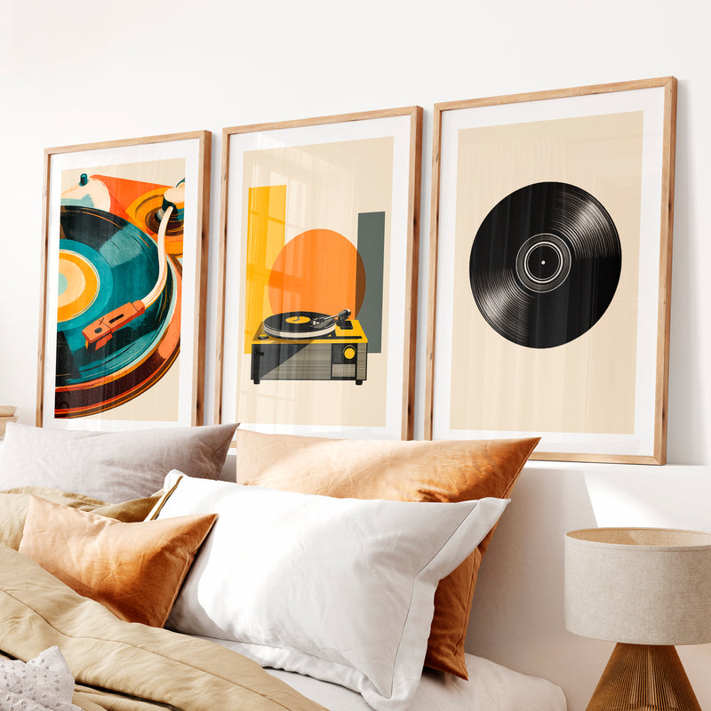 Turntable and Vinyl retro art wall- Natural Wood Framed Poster with White Border - Artworksets
