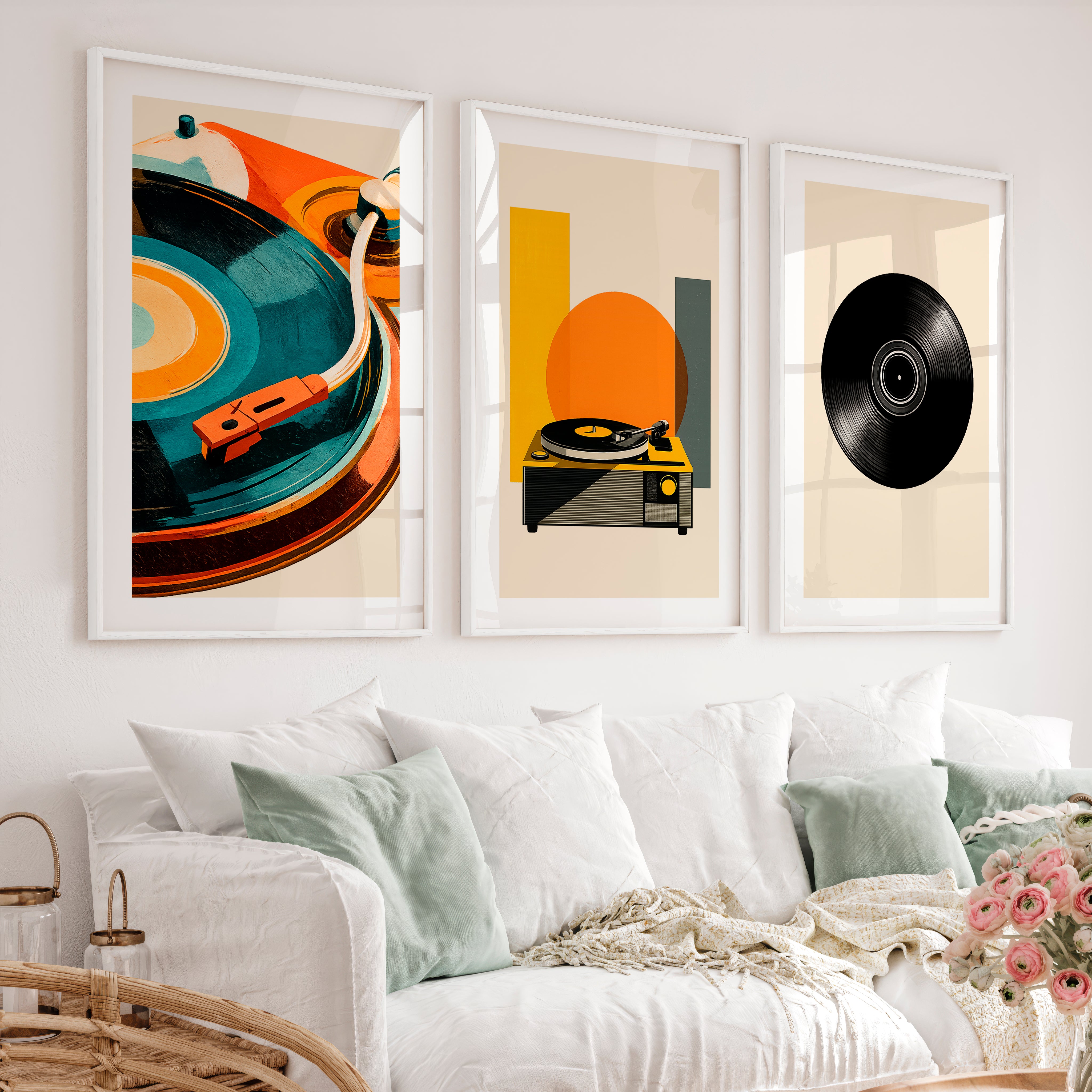 Turntable and Vinyl retro art wall - White Framed Poster with White Border - Artworksets