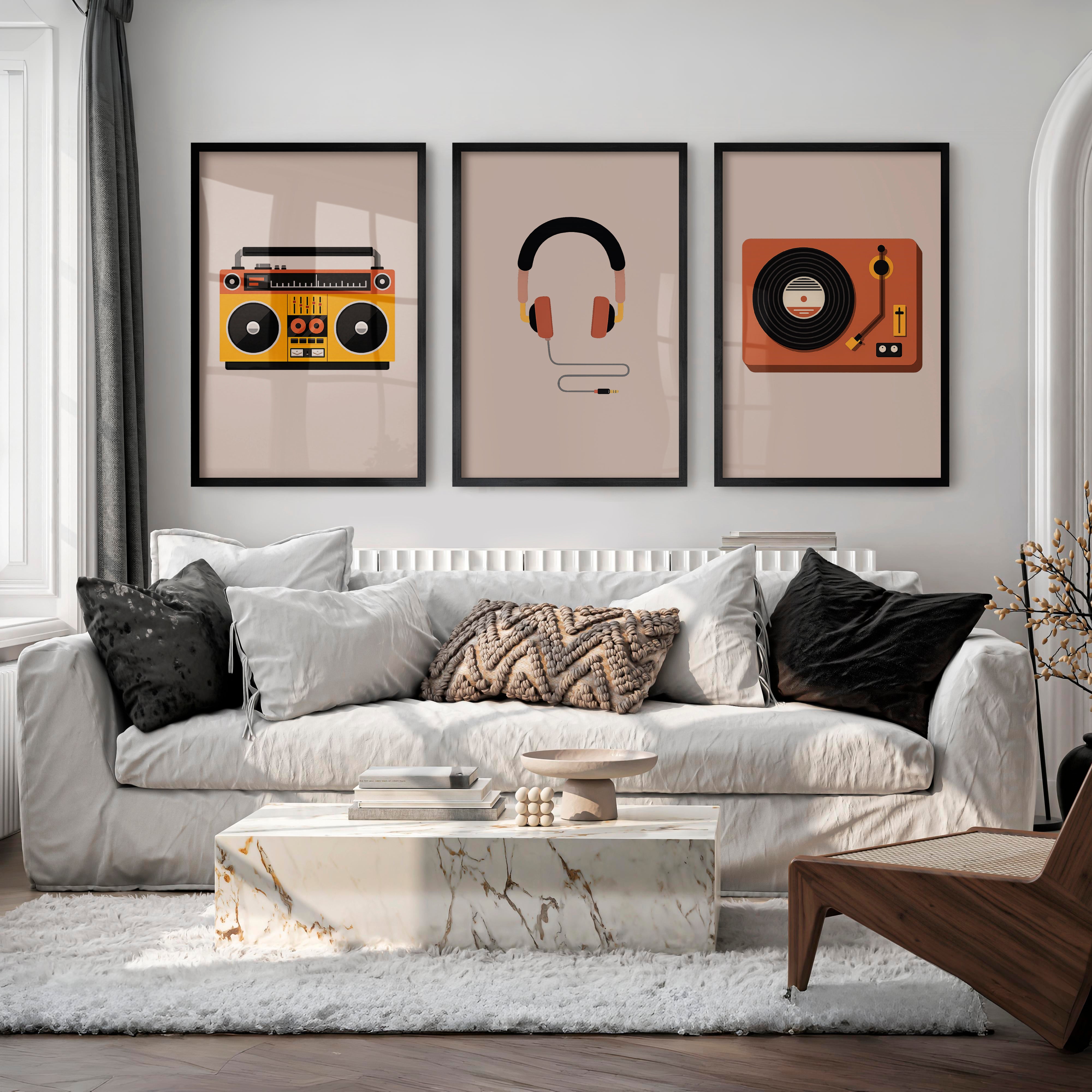 Boombox and Record Player retro artwork for wall - Black Framed Poster No Border - Artworksets