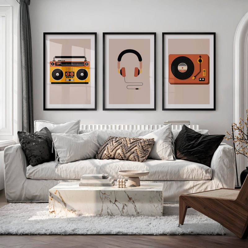 Boombox and Record Player retro artwork for wall - Black Framed Poster with White Border - Artworksets