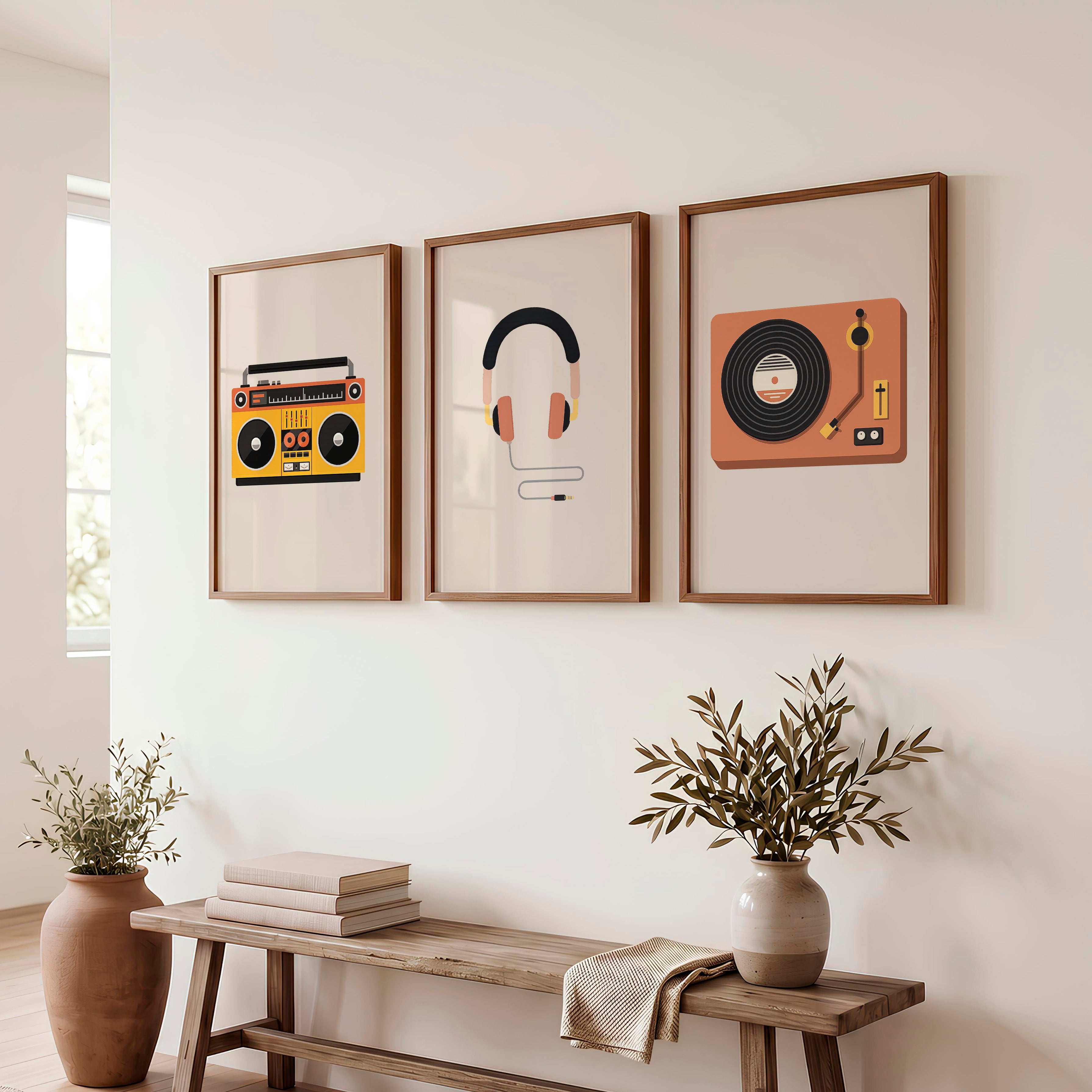 Boombox and Record Player retro artwork for wall - Dark Brown Framed Poster No Border - Artworksets