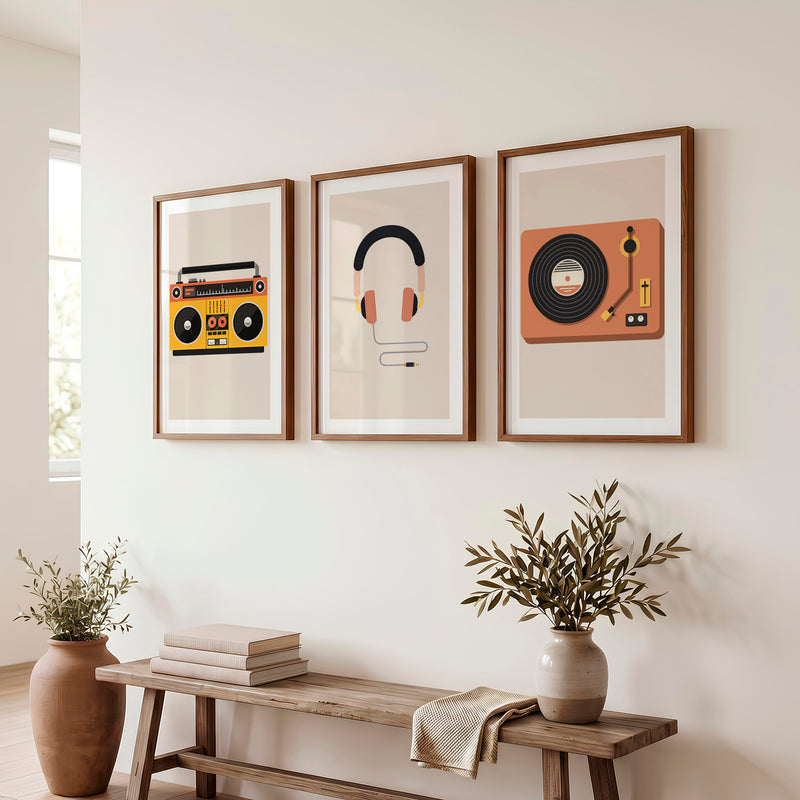 Boombox and Record Player retro artwork for wall - Dark Brown Framed Poster with White Border - Artworksets