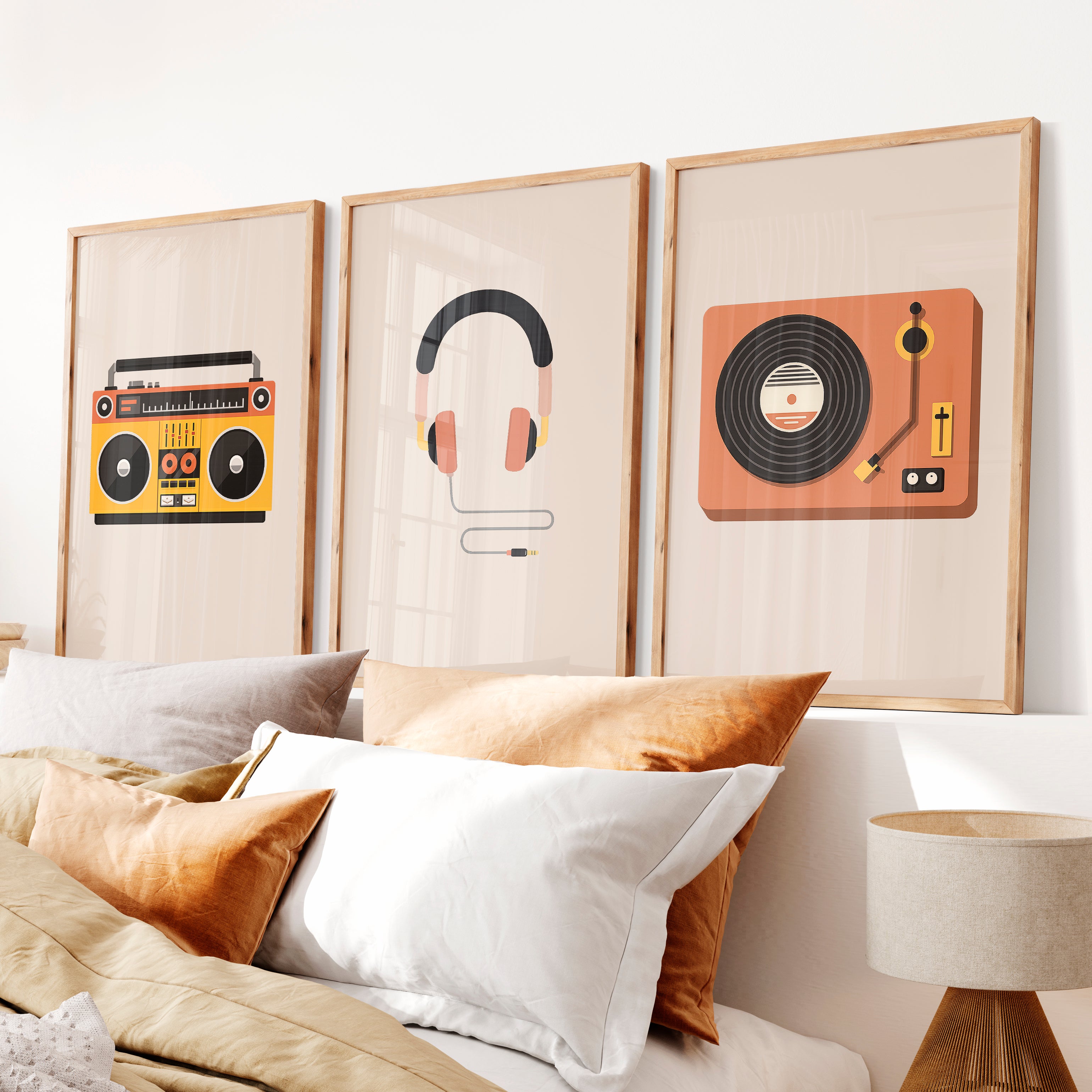 Boombox and Record Player retro artwork for wall - Natural Wood Framed Poster No Border - Artworksets