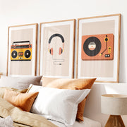 Boombox and Record Player retro artwork for wall- Natural Wood Framed Poster with White Border - Artworksets