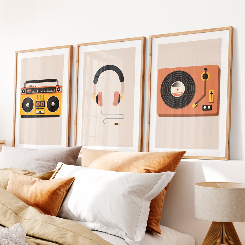 Boombox and Record Player retro artwork for wall- Natural Wood Framed Poster with White Border - Artworksets