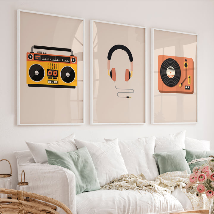 Boombox and Record Player retro artwork for wall - White Framed Poster No Border - Artworksets