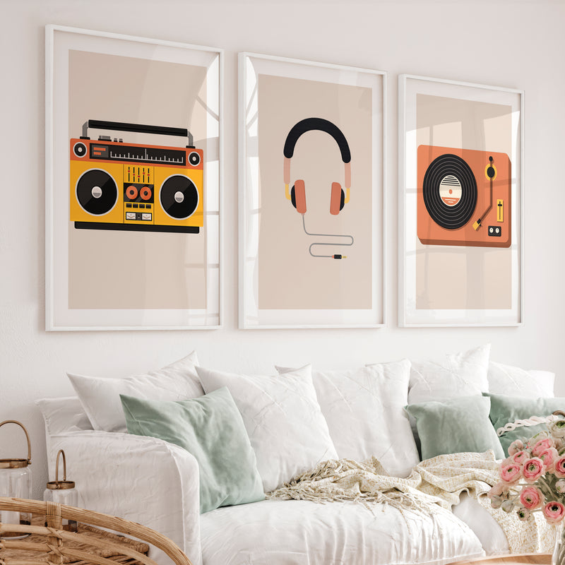 Boombox and Record Player retro artwork for wall - White Framed Poster with White Border - Artworksets