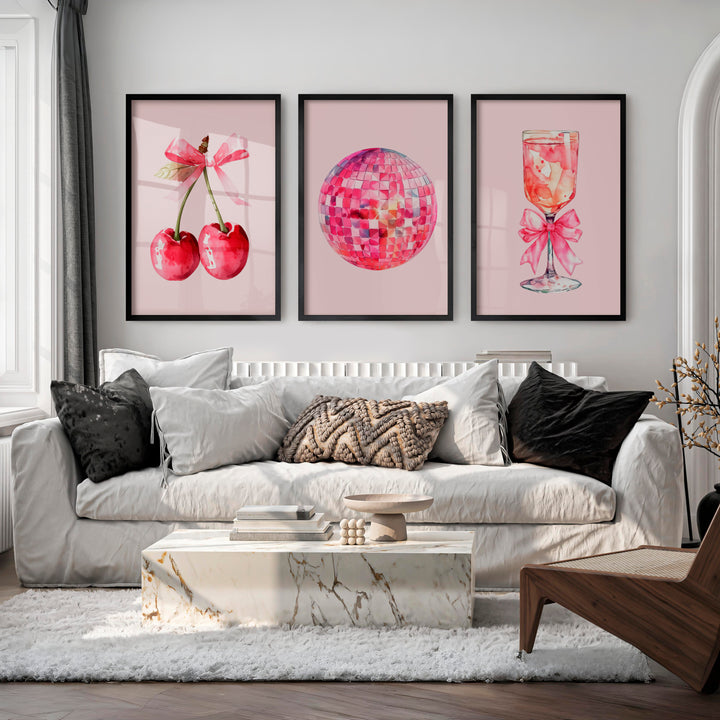 Pink Disco Cherry Retro Artwork for Wall - Black Framed Poster No Border - Artworksets