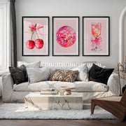 Pink Disco Cherry Retro Artwork for Wall - Black Framed Poster with White Border - Artworksets