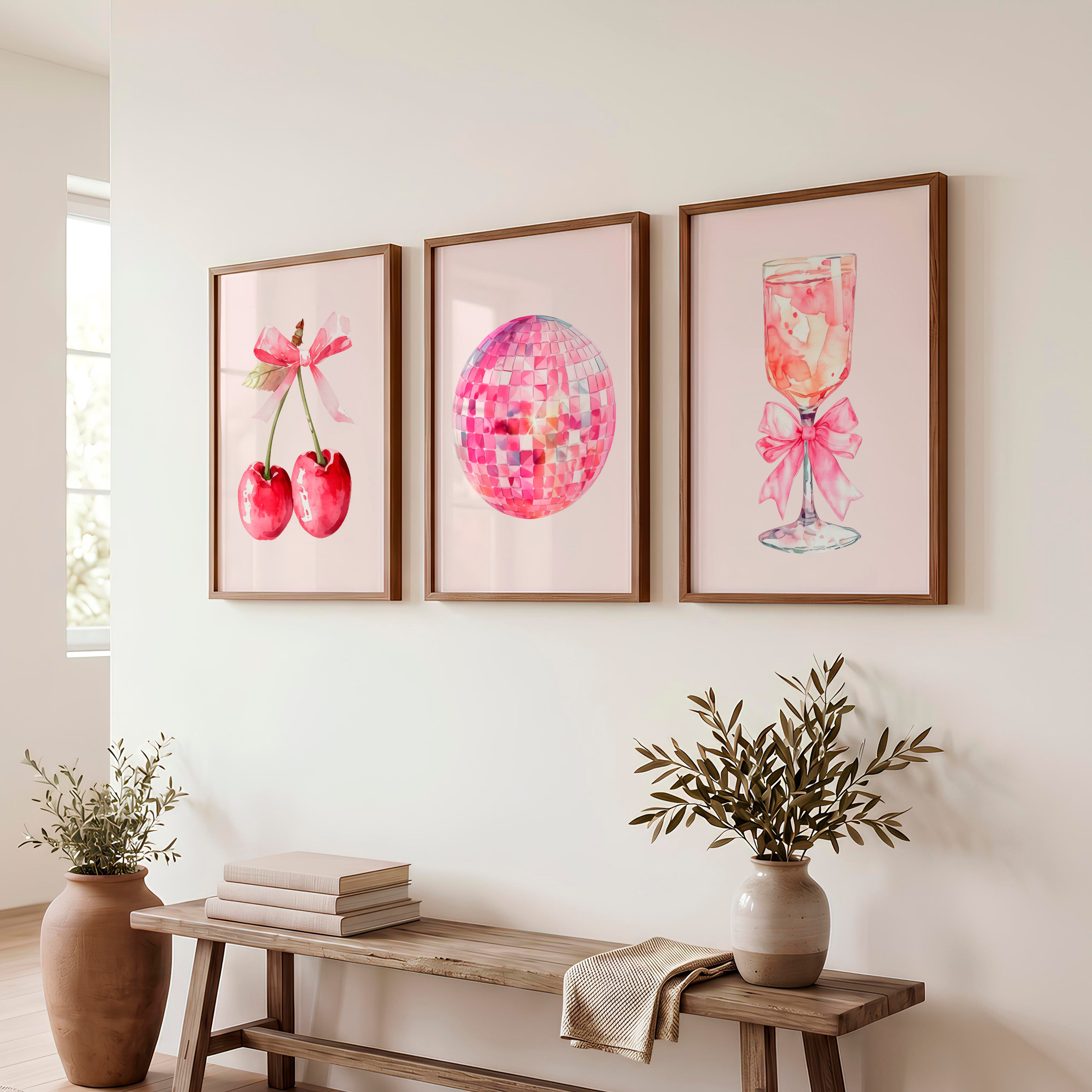 Pink Disco Cherry Retro Artwork for Wall - Dark Brown Framed Poster No Border - Artworksets