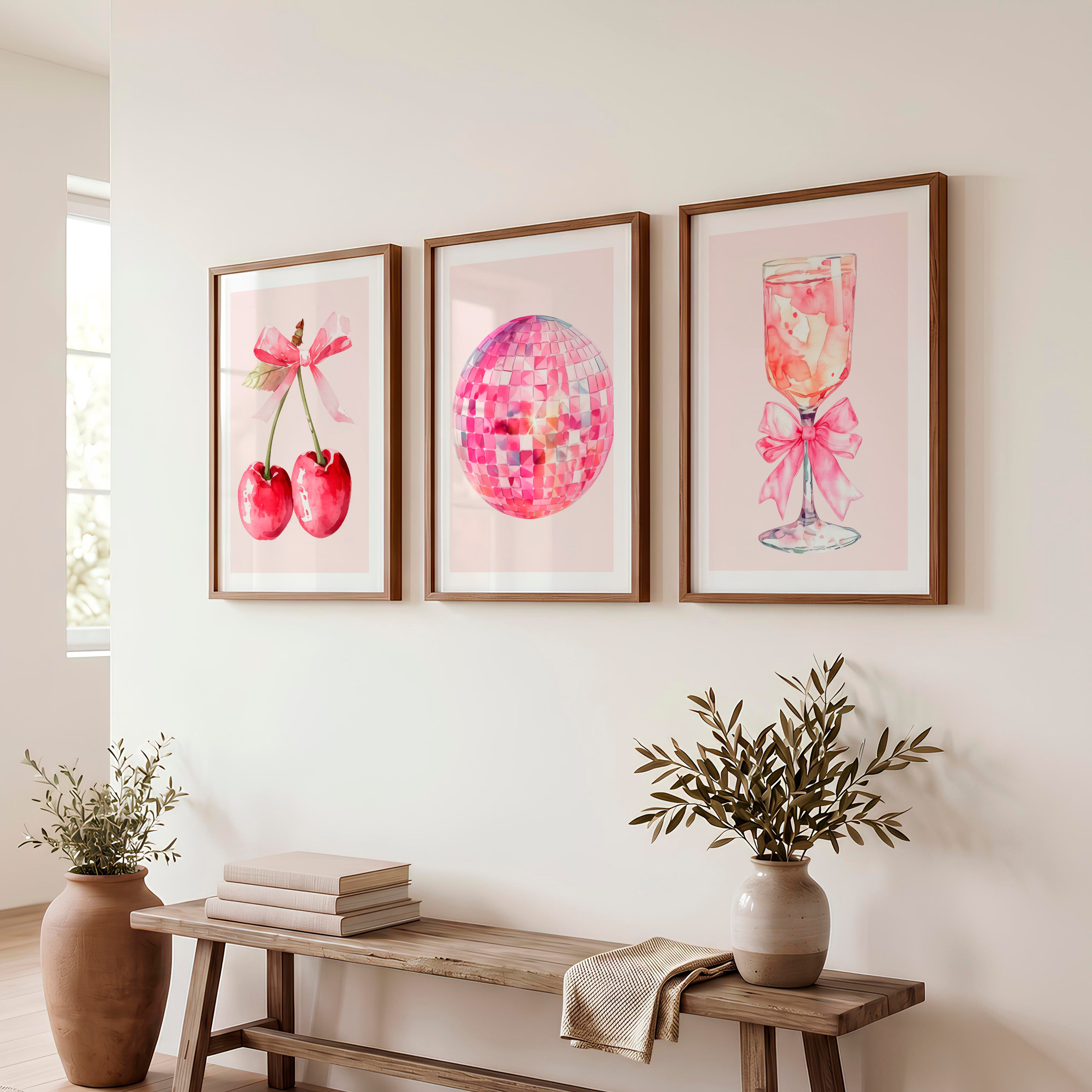 Pink Disco Cherry Retro Artwork for Wall - Dark Brown Framed Poster with White Border - Artworksets