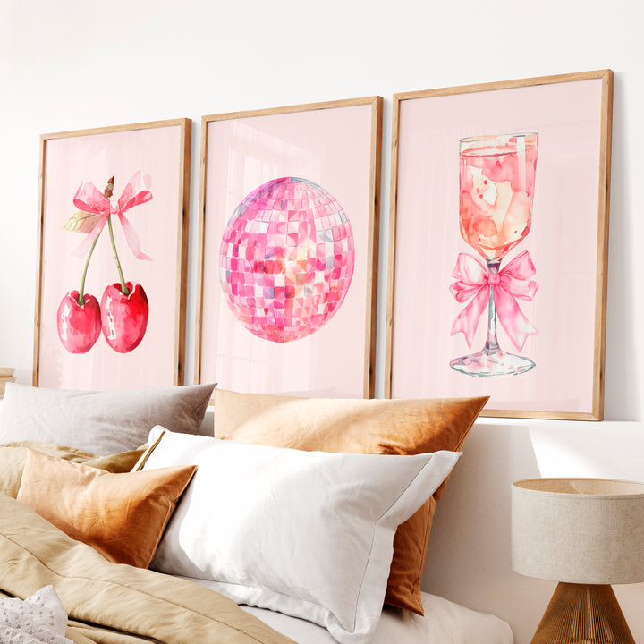 Pink Disco Cherry Retro Artwork for Wall - Natural Wood Framed Poster No Border - Artworksets