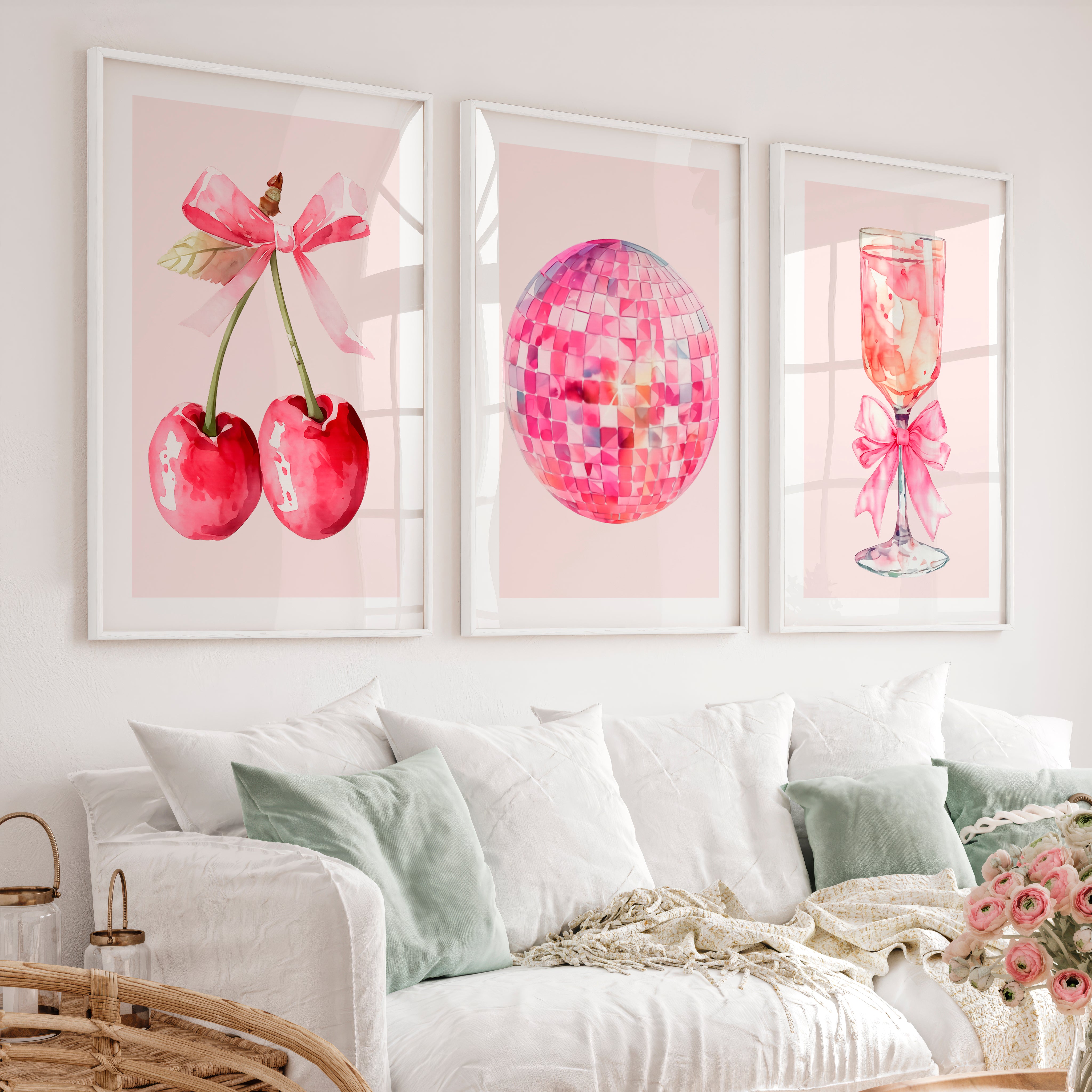 Pink Disco Cherry Retro Artwork for Wall - White Framed Poster with White Border - Artworksets