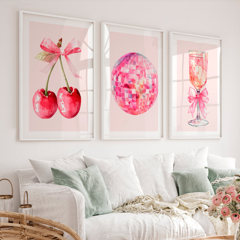 Pink Disco Cherry Retro Artwork for Wall - White Framed Poster with White Border - Artworksets