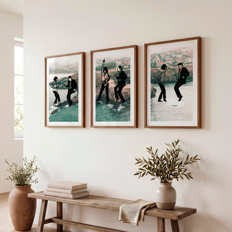 Retro Artwork for Wall with Classic Disco Dancers - Dark Brown Framed Poster with White Border - Artworksets