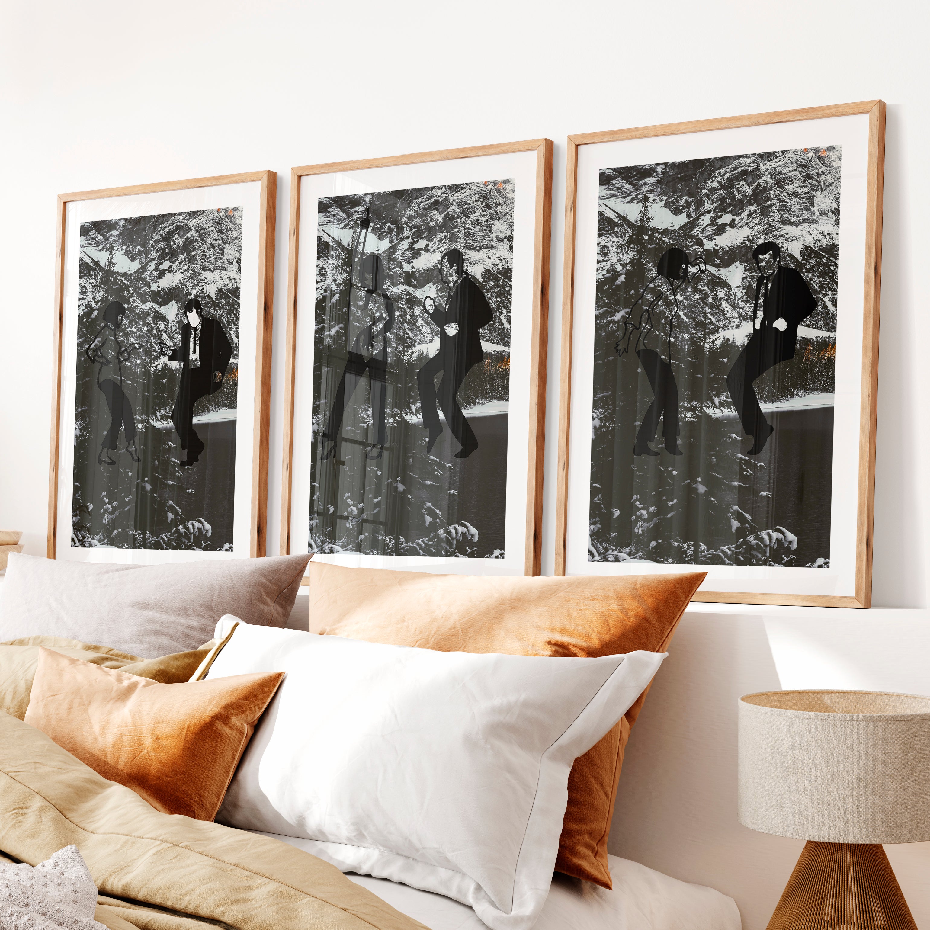 Retro Artwork for Wall with Classic Disco Dancers- Natural Wood Framed Poster with White Border - Artworksets