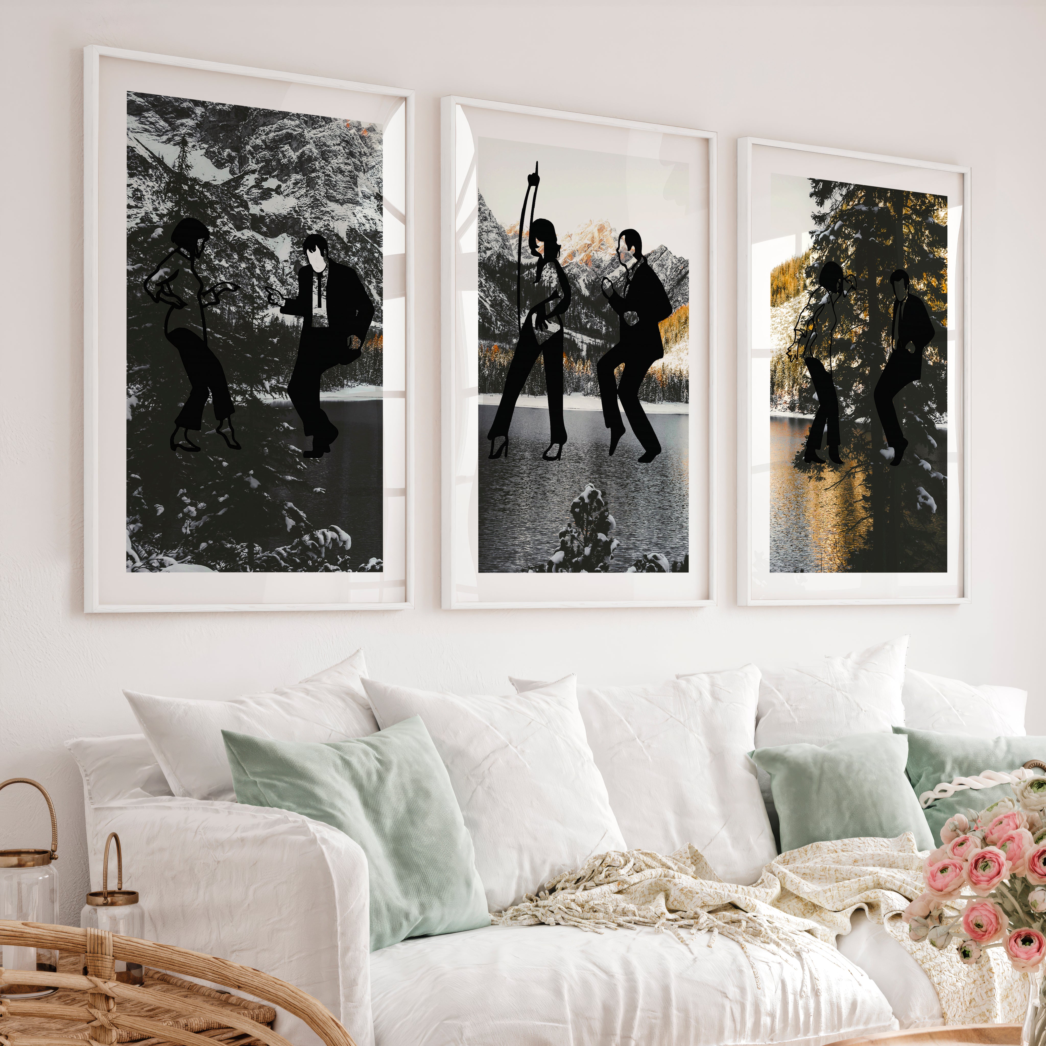 Retro Artwork for Wall with Classic Disco Dancers - White Framed Poster with White Border - Artworksets