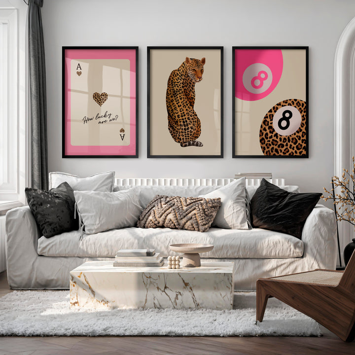 Lucky Leopard retro artwork with Ace of Hearts - Black Framed Poster No Border - Artworksets