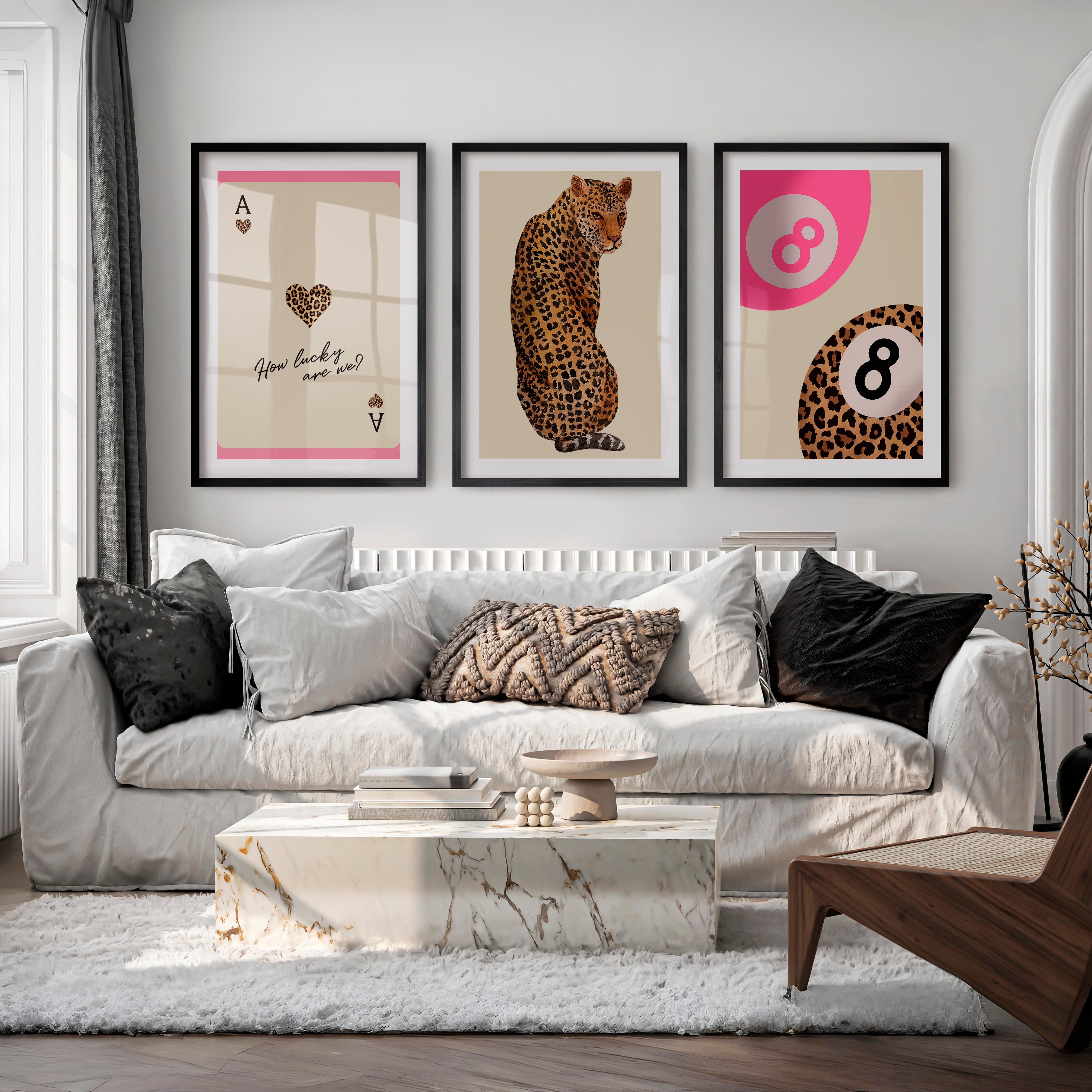 Lucky Leopard retro artwork with Ace of Hearts - Black Framed Poster with White Border - Artworksets
