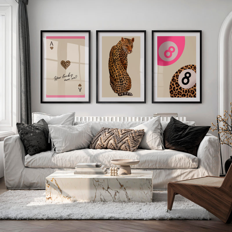 Lucky Leopard retro artwork with Ace of Hearts - Black Framed Poster with White Border - Artworksets