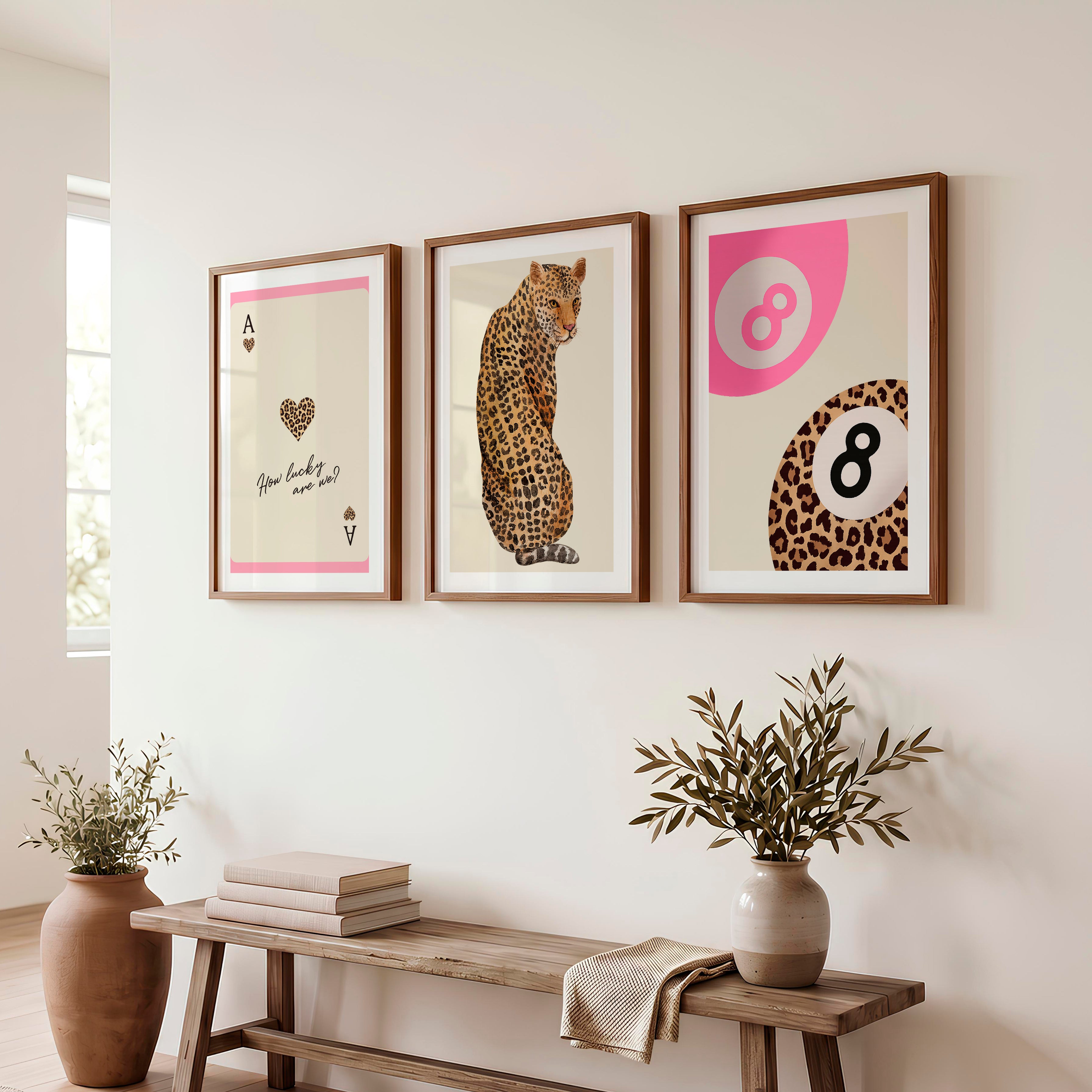 Lucky Leopard retro artwork with Ace of Hearts - Dark Brown Framed Poster with White Border - Artworksets