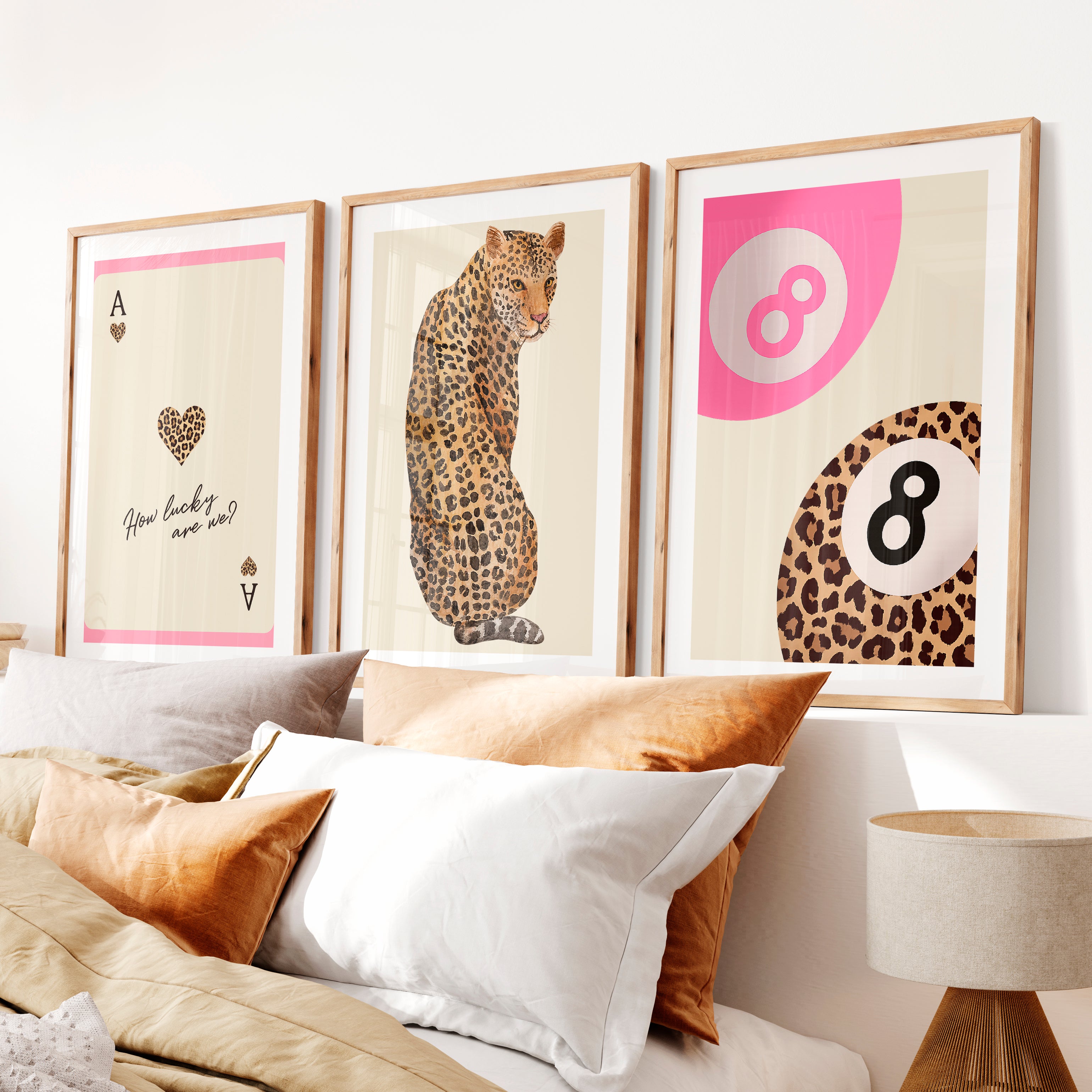 Lucky Leopard retro artwork with Ace of Hearts- Natural Wood Framed Poster with White Border - Artworksets