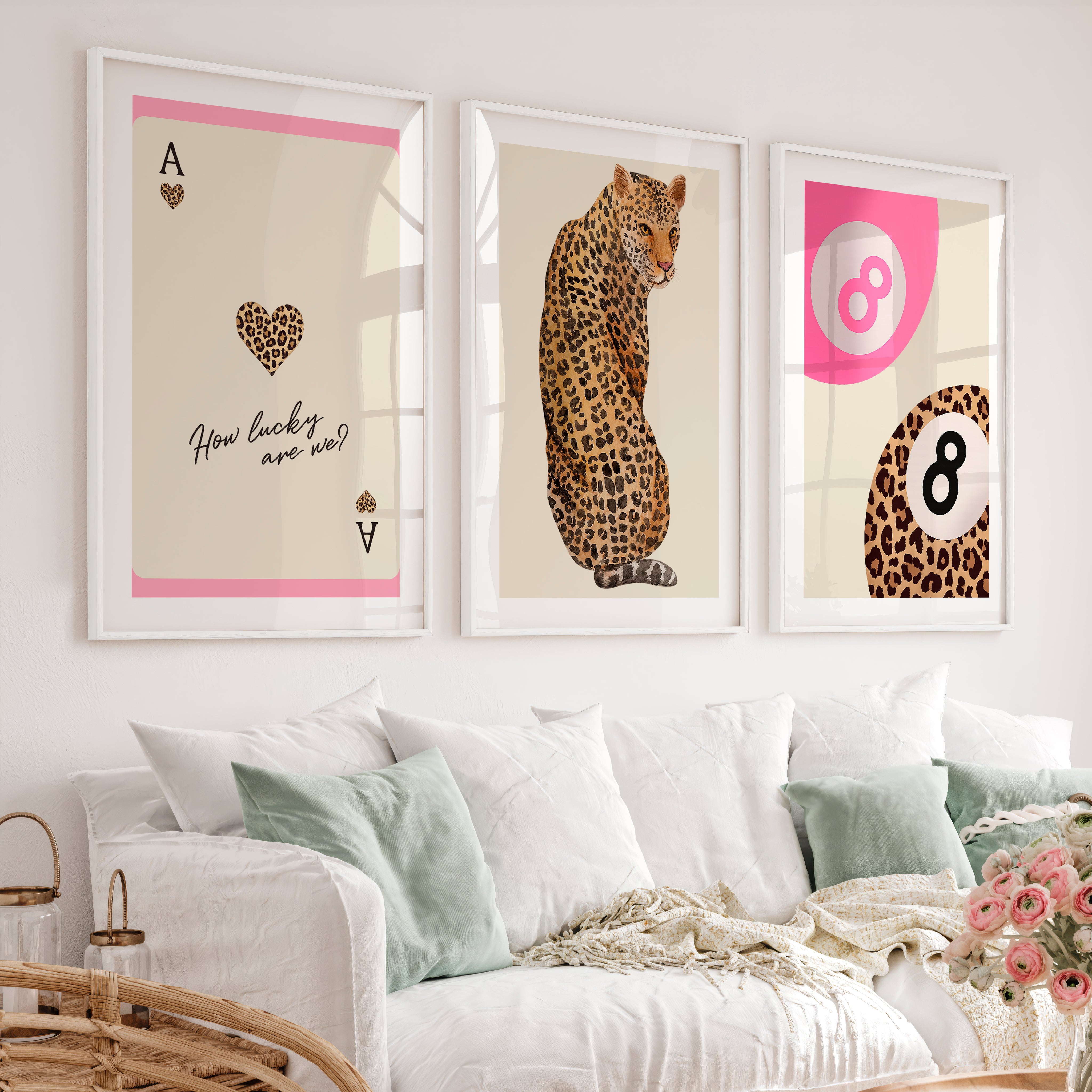 Lucky Leopard retro artwork with Ace of Hearts - White Framed Poster with White Border - Artworksets