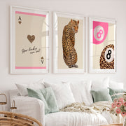 Lucky Leopard retro artwork with Ace of Hearts - White Framed Poster with White Border - Artworksets