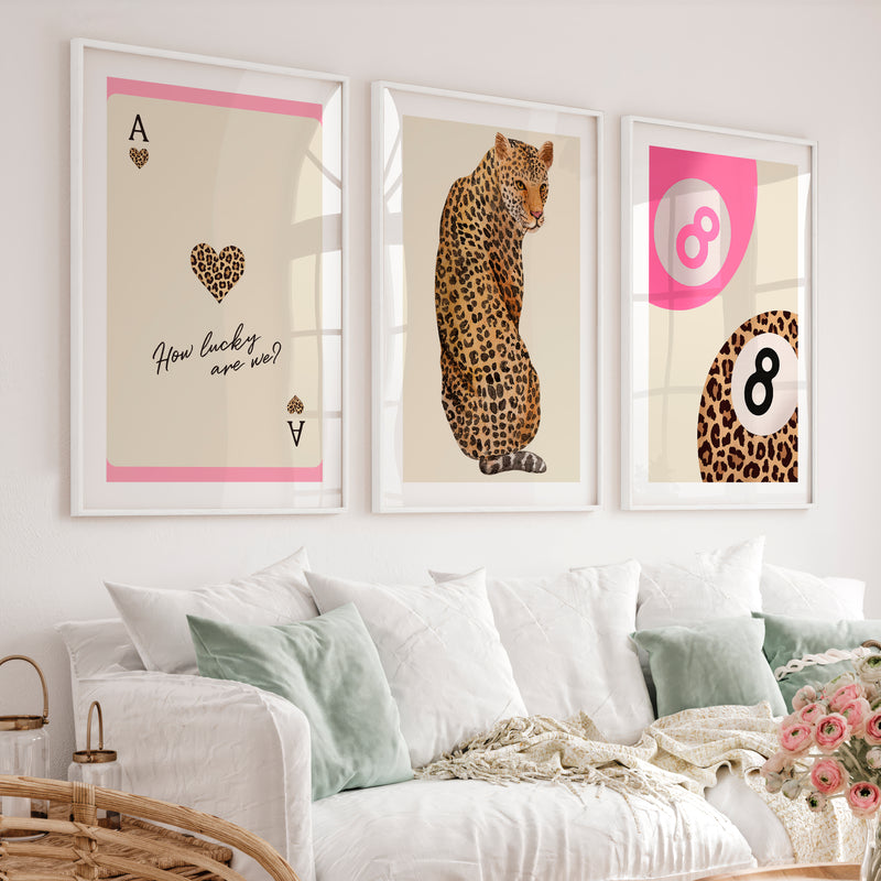 Lucky Leopard retro artwork with Ace of Hearts - White Framed Poster with White Border - Artworksets