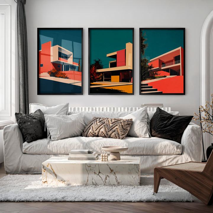 Modern Hillside Home Retro Artwork - Black Framed Poster No Border - Artworksets