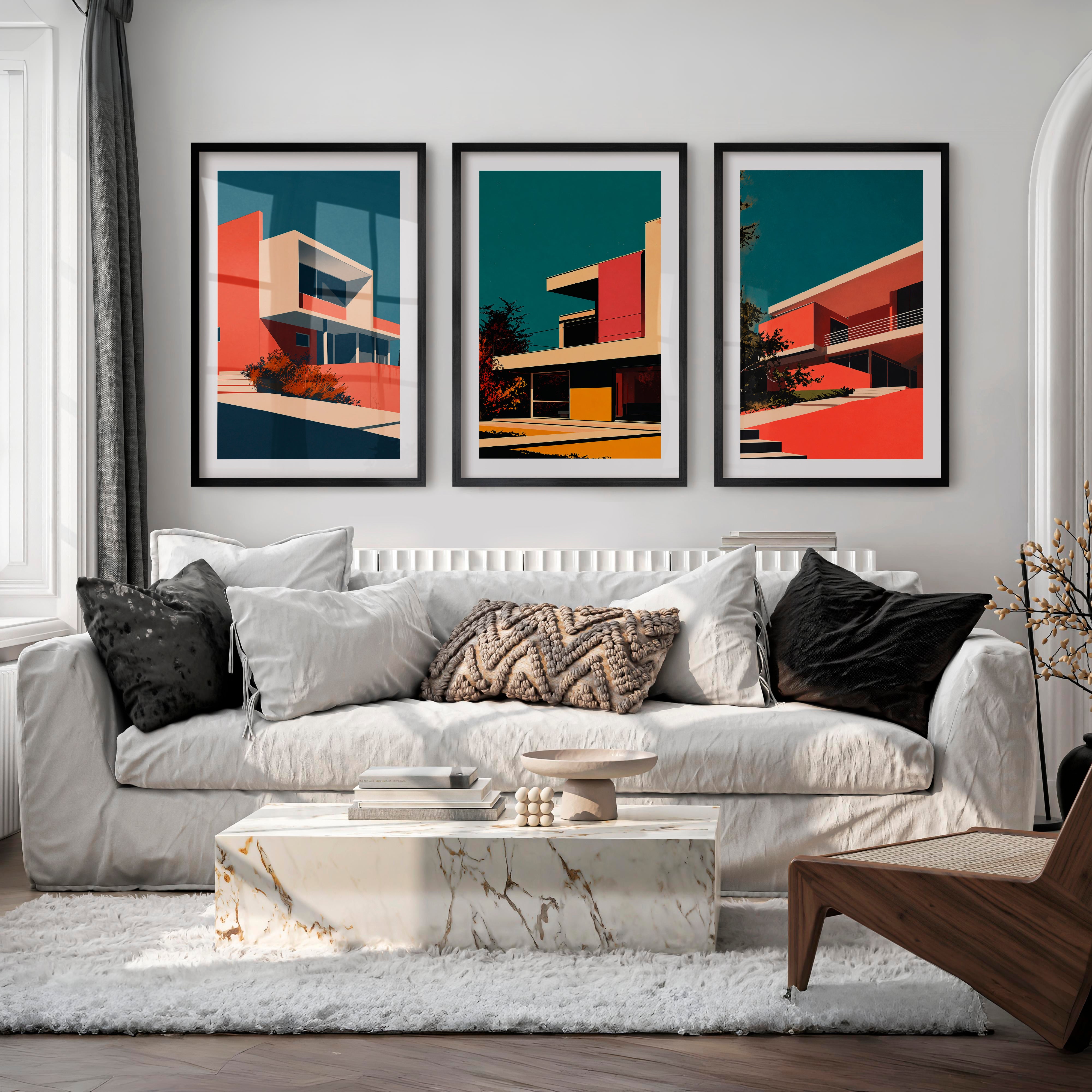 Modern Hillside Home Retro Artwork - Black Framed Poster with White Border - Artworksets