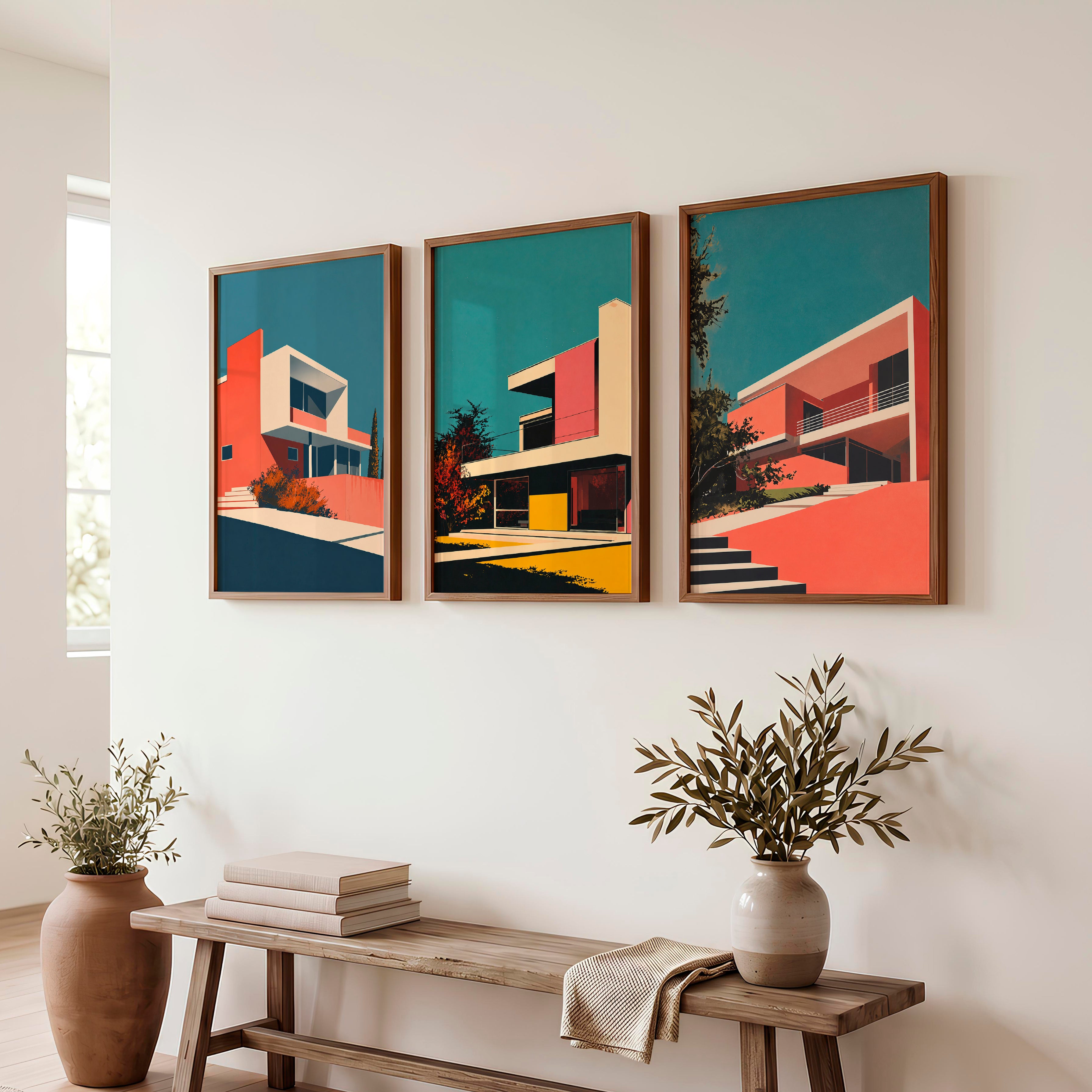 Modern Hillside Home Retro Artwork - Dark Brown Framed Poster No Border - Artworksets