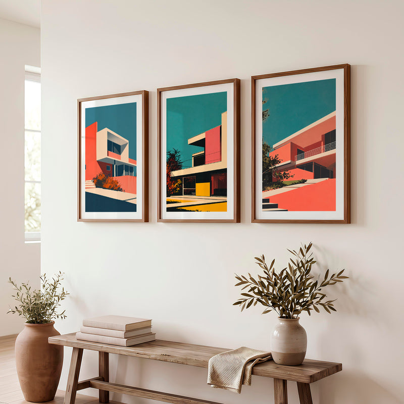 Modern Hillside Home Retro Artwork - Dark Brown Framed Poster with White Border - Artworksets