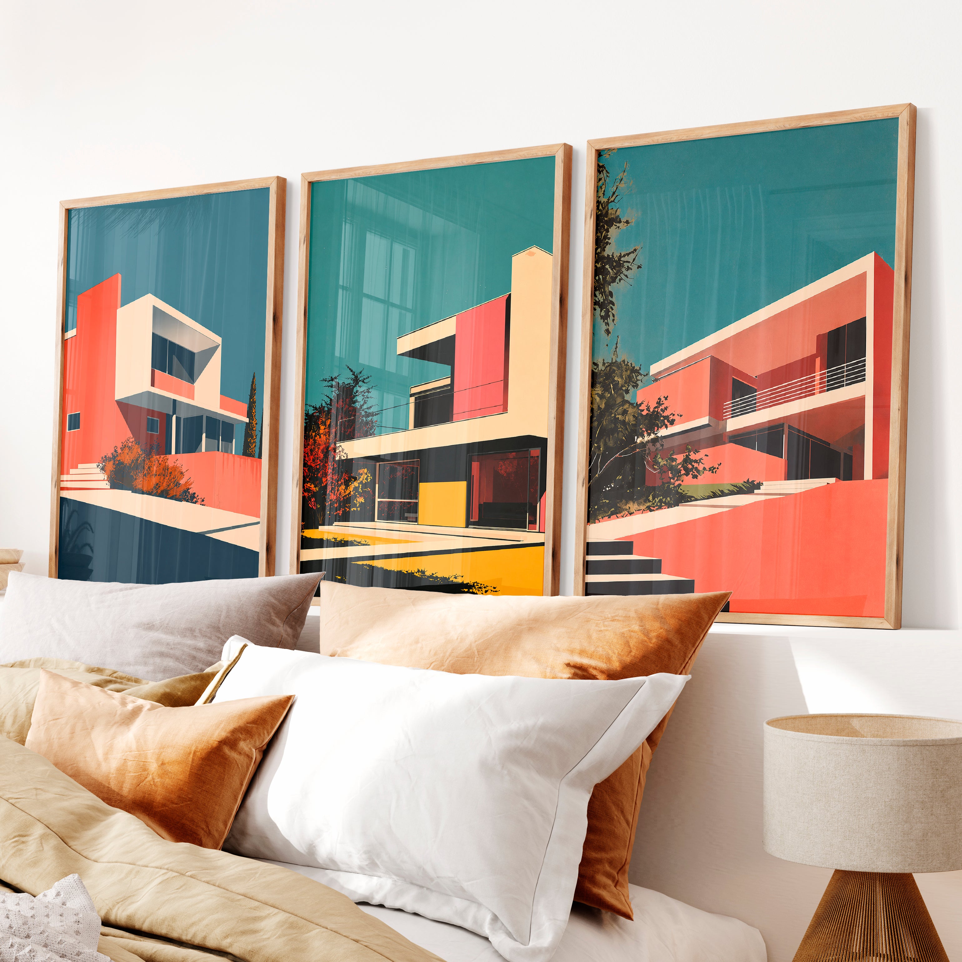 Modern Hillside Home Retro Artwork - Natural Wood Framed Poster No Border - Artworksets