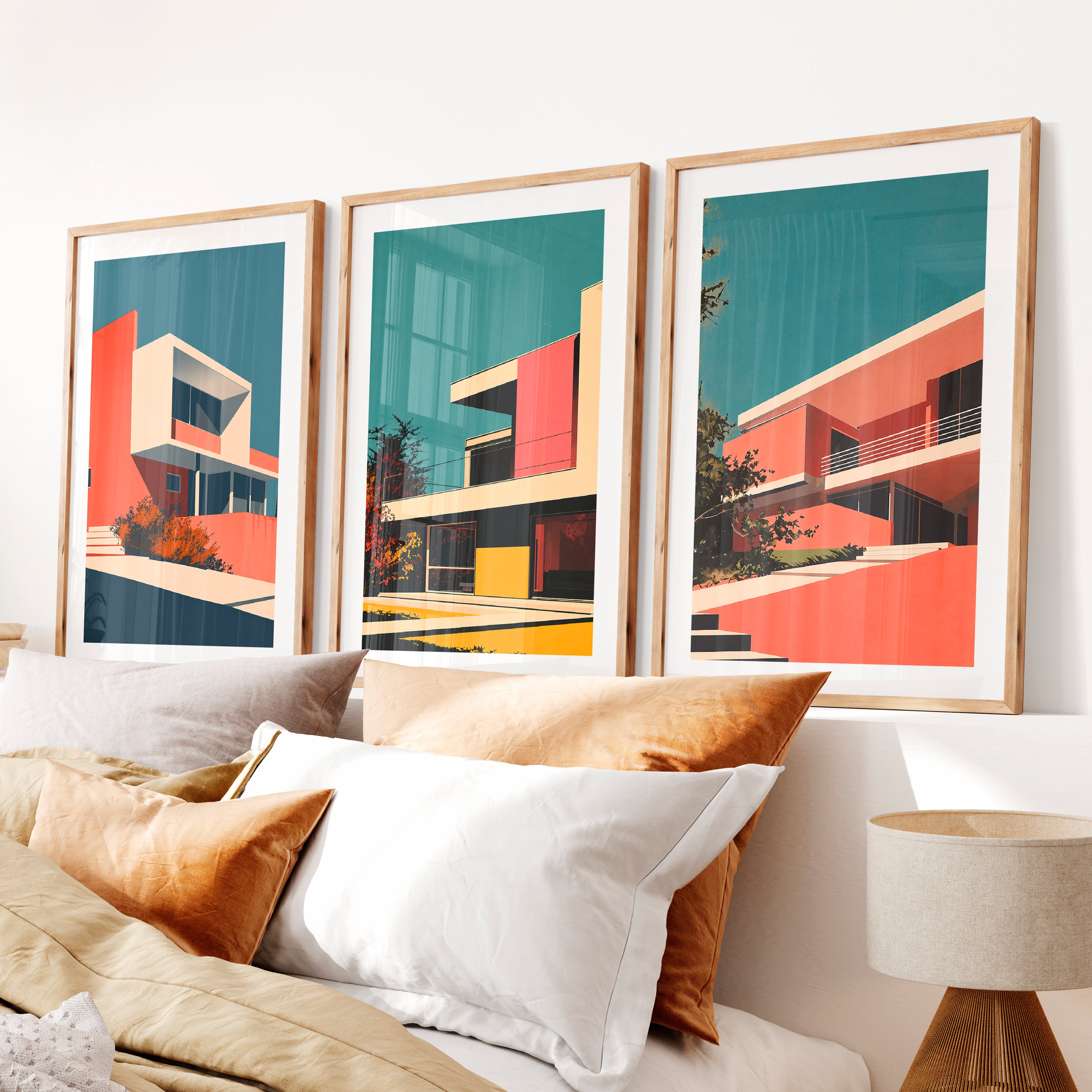 Modern Hillside Home Retro Artwork- Natural Wood Framed Poster with White Border - Artworksets