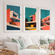 Modern Hillside Home Retro Artwork - White Framed Poster with White Border - Artworksets