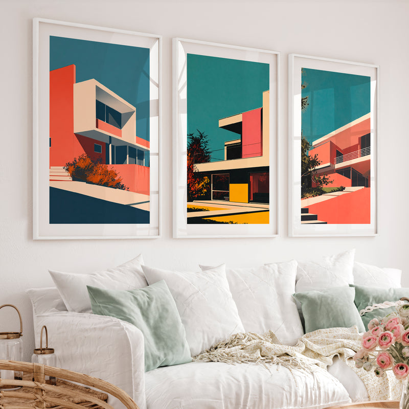 Modern Hillside Home Retro Artwork - White Framed Poster with White Border - Artworksets