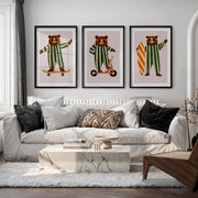 Retro Artwork Prints with Bears on Skateboard and Scooter - Black Framed Poster with White Border - Artworksets