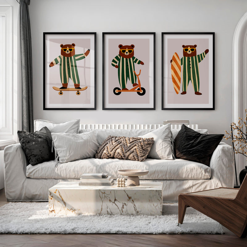 Retro Artwork Prints with Bears on Skateboard and Scooter - Black Framed Poster with White Border - Artworksets