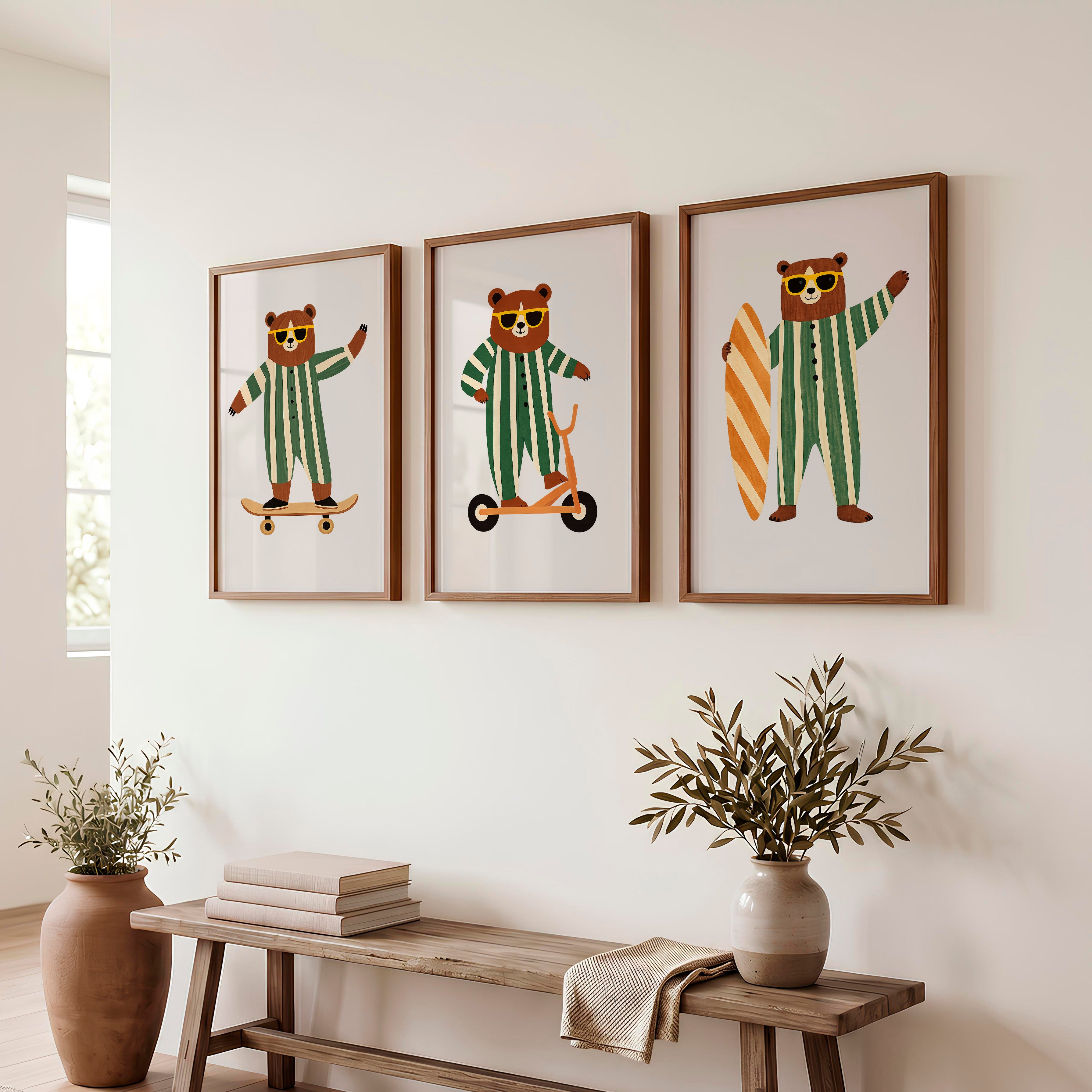 Retro Artwork Prints with Bears on Skateboard and Scooter - Dark Brown Framed Poster No Border - Artworksets