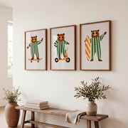 Retro Artwork Prints with Bears on Skateboard and Scooter - Dark Brown Framed Poster No Border - Artworksets