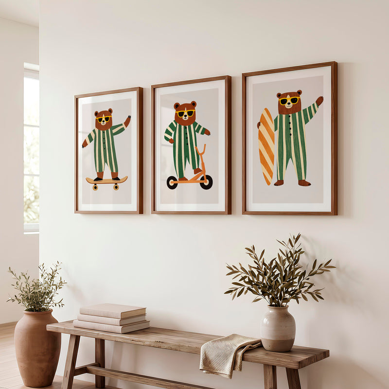 Retro Artwork Prints with Bears on Skateboard and Scooter - Dark Brown Framed Poster with White Border - Artworksets
